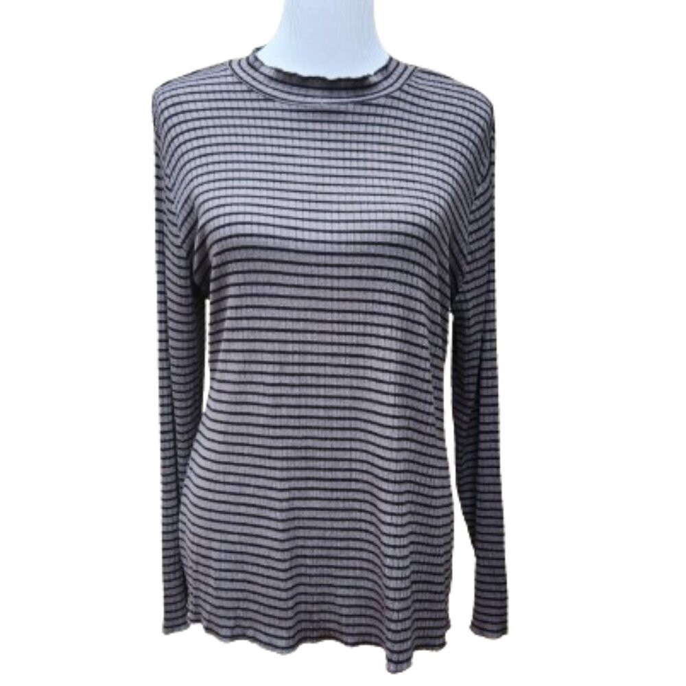 Tahari Rib-Knit Mockneck Stripe Top Gray Black NWT Cut & Sewn 313163